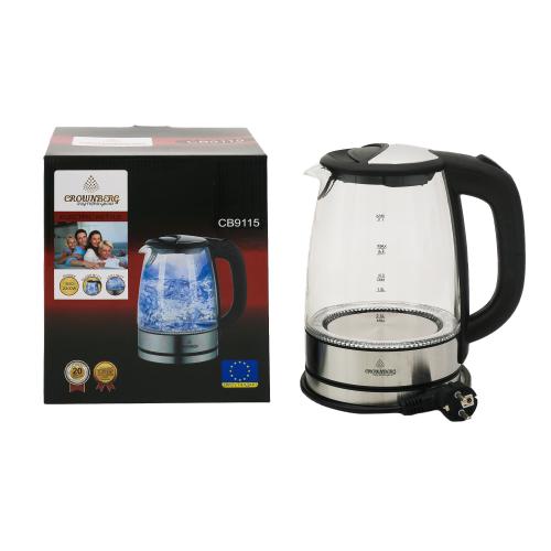 Електрочайник Crownberg CB-9115 скляний корпус зі світлодіодним LED підсвічуванням 1.7л 2200 Вт Сріблясто-чорний, CB-9115 Електрочайник Crownberg CB-9115 скляний корпус зі світлодіодним LED підсвічуванням 1.7л 2200 Вт Сріблясто-чорний, CB-9115