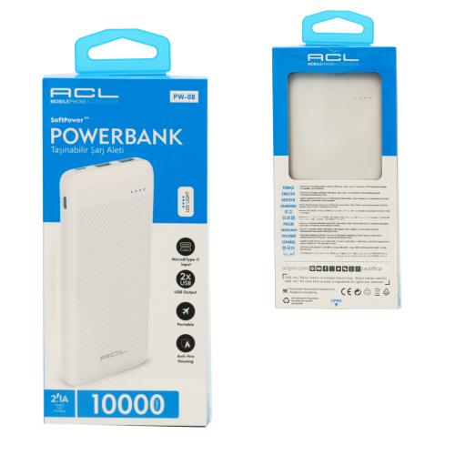Портативний зарядний пристрій Power Bank ACL PW-08 Soft Power 10000 mAh з LED індикатором заряду, 2 USB, Білий, 99310