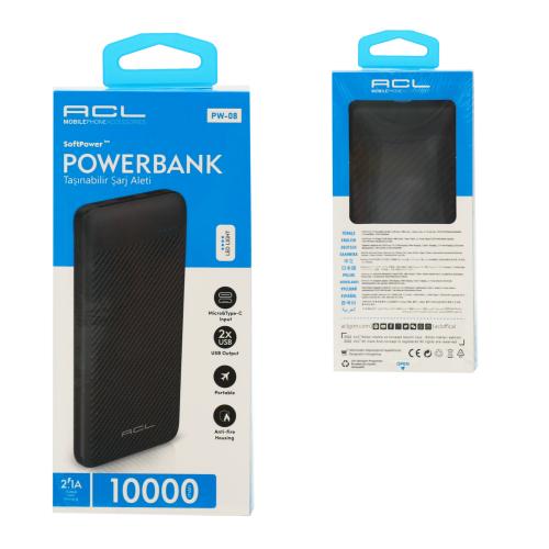 Портативний зарядний пристрій Power Bank 10000 mAh з LED індикатором заряду, 2 USB, ACL PW-08, Чорний, 99310-1