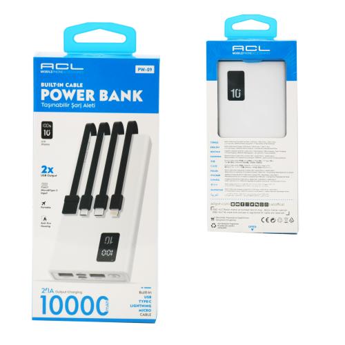 Power Bank з 4-ма вбудованими кабелями та LCD-дисплеєм 10000 mAh, портативний зарядний пристрій ACL PW-09, Білий, 99309