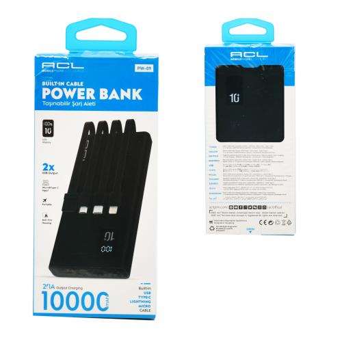 Power Bank з 4-ма вбудованими кабелями та LCD-дисплеєм 10000 mAh портативний зарядний пристрій, ACL PW-09, Чорний, 99309-1