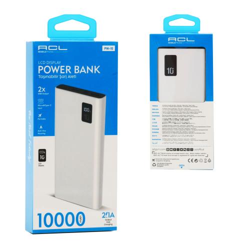 Портативний зарядний пристрій Power Bank з швидкою зарядкою та LCD-дисплеєм, 10000 mAh , ACL PW-10, Білий, 99311