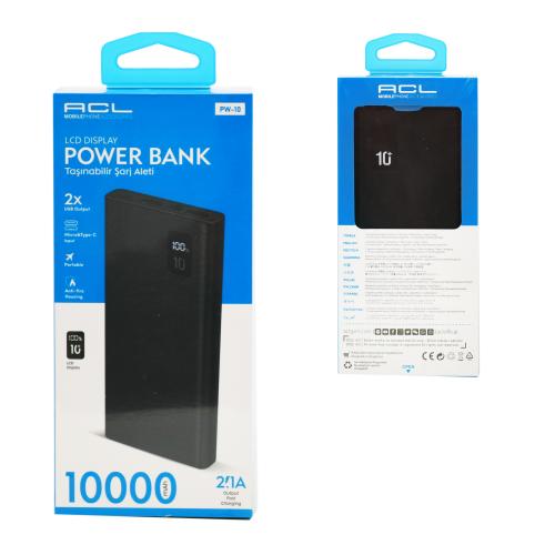 Портативний зарядний пристрій Power Bank з швидкою зарядкою та LCD-дисплеєм, 10000 mAh , ACL PW-10, Чорний, 99311-1