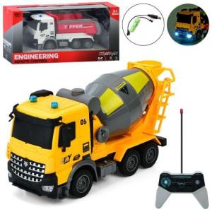 Будтехніка р/к, акум, світло, рухливі деталі, USB зарядне, гумові колеса, 2 види(бетонозмішувач 28см, самоскид 26,5см)