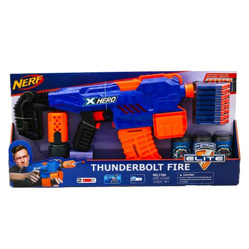 Автомат 56,5см, м'які кулі 24шт, банка-мішень 3шт, на бат-ці, в кор-ці, 7104